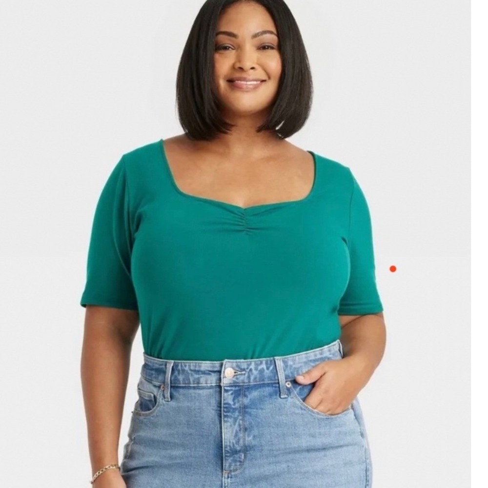 Ava & Viv Womens 3X Teal Sweetheart Neck Cinched Slim Fit Top Short Sleeve NWT